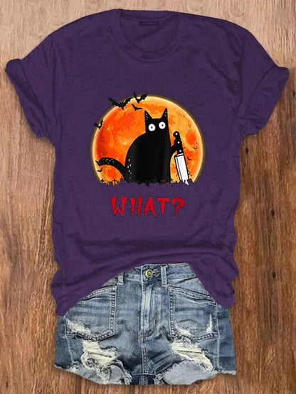 Women's Halloween Fun Black Cat Print Crew Neck T-Shirt elevenforest