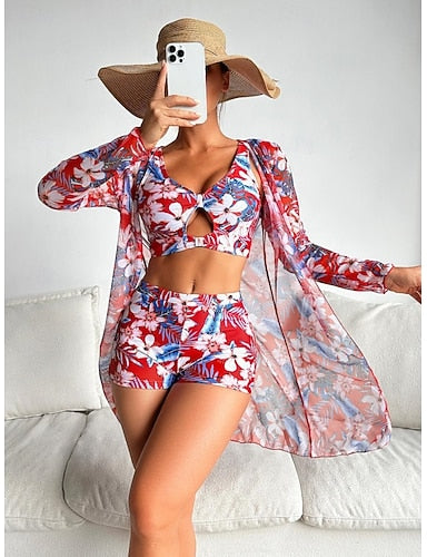 Bikini 3 Piece Swimsuit Palm Shorts Slim Backless Vacation Beach Wear V Neck Sleeveless Long Sleeve Bathing Suits
