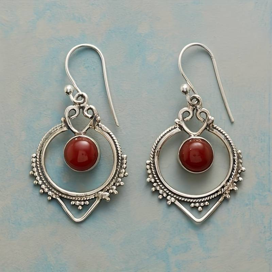 Red Stone Mandala Silver Earrings