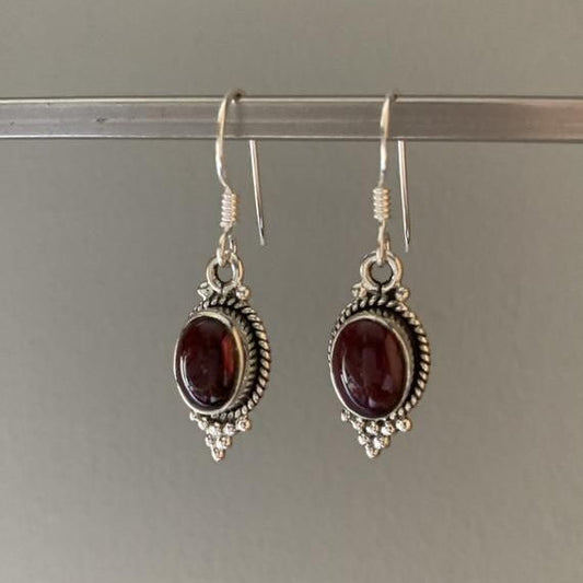 Boho Red Stone Silver Beads Earrings