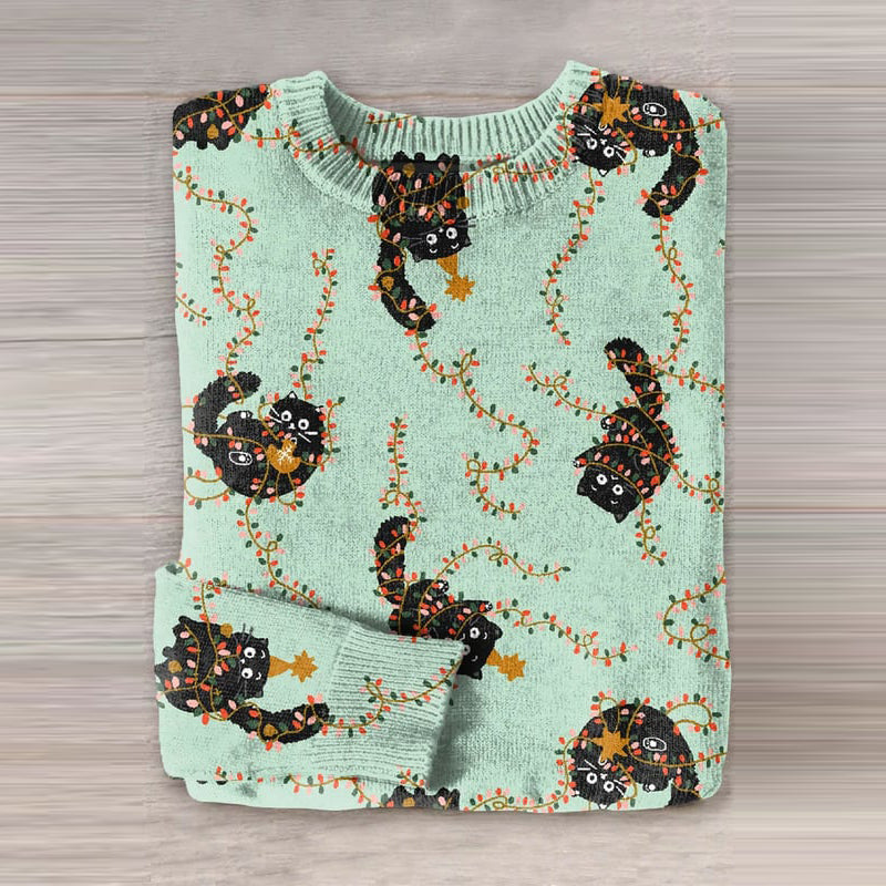 Women's Cat Print Crew Neck Cozy Sweater elevenforest