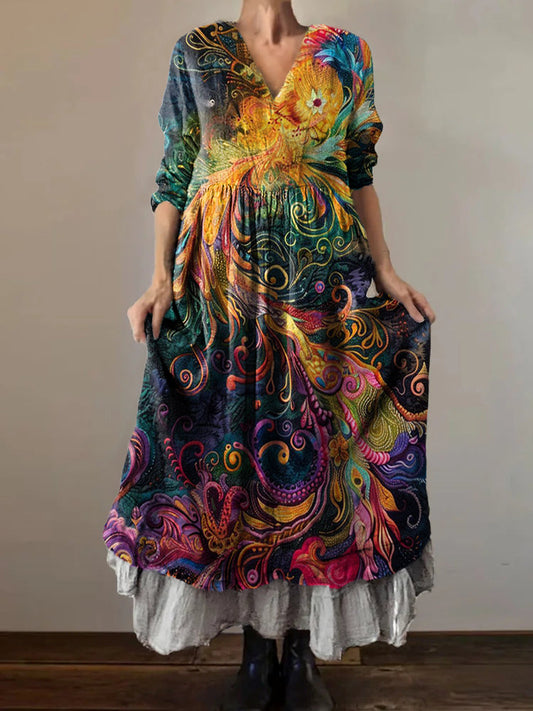 Women's Colorful Phoenix Art Pattern Print V-Neck Pocket Cotton Dress