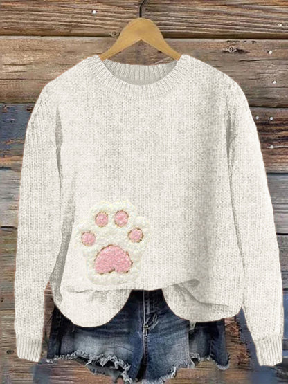 Fuzzy Cat Paw Fleece Applique Cozy Knit Sweater elevenforest