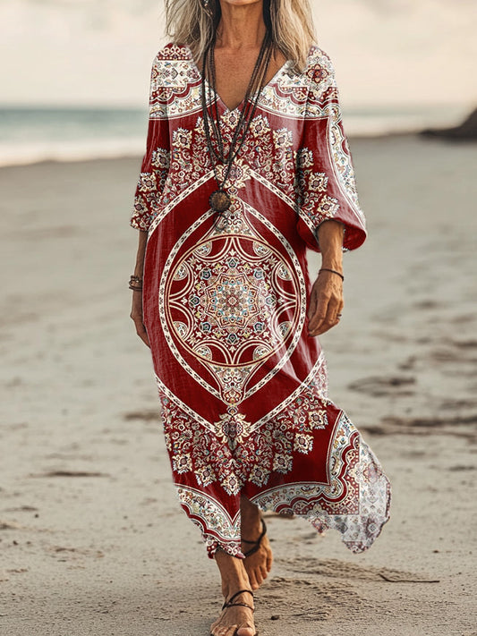 Women's Ethnic Pattern Art Print Pocket Cotton Dresses