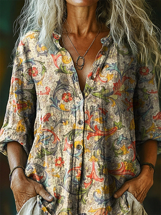 Women's Vintage Ethnic Floral Art Print Casual Cotton Linen Shirt