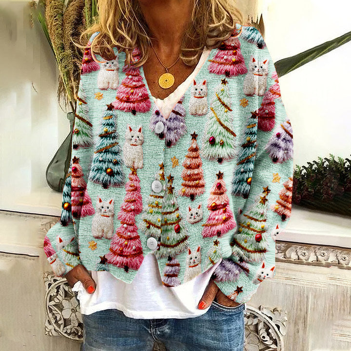Christmas Tree Cute Cat 3D Print V-Neck Knitted Sweater Cardigan elevenforest