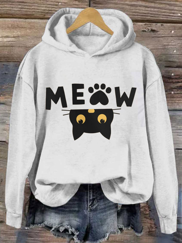 Women's Casual Funny Black Cat Print Hoodie elevenforest