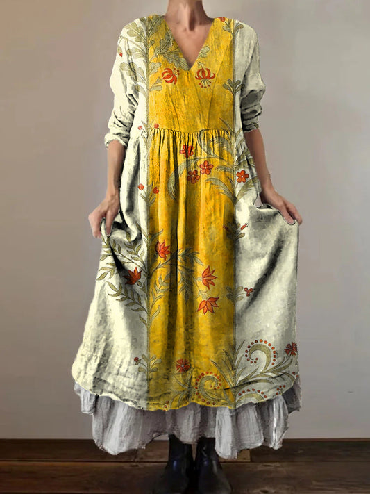 Women's Floral Art Print V-Neck Pocket Cotton Dress
