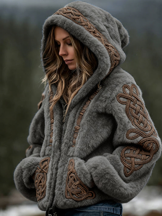 Comstylish Women's Viking Celtic Art Cozy Warm Flannel Hooded Jacket