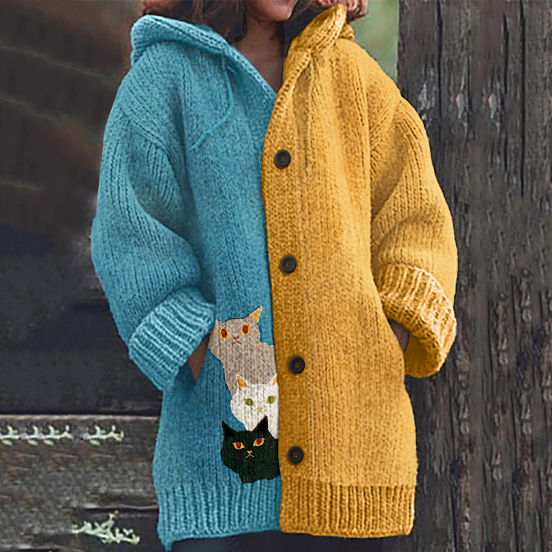 Women's Color Block Cute Cat Art Button Cozy Sweater elevenforest