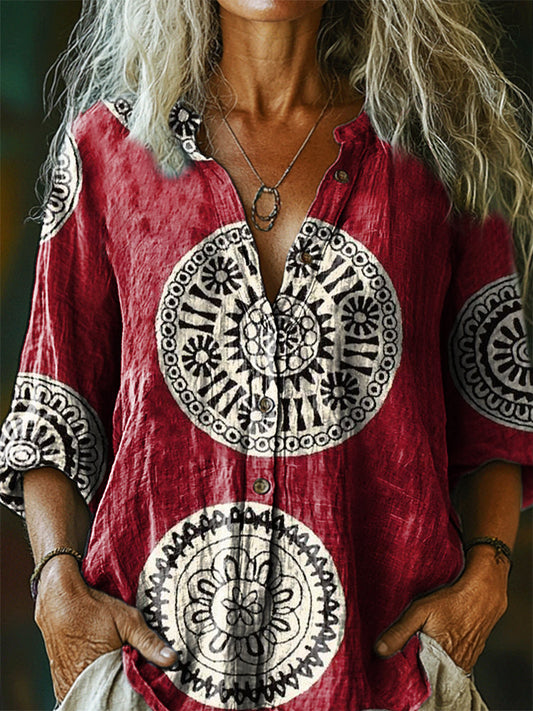 Women's Vintage Bohemian Floral Art Print Casual Cotton Linen Shirt