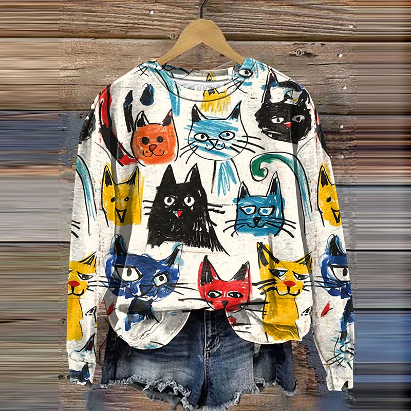 Women's Cute Kid Drawing Cat Art Casual Sweatshirt elevenforest