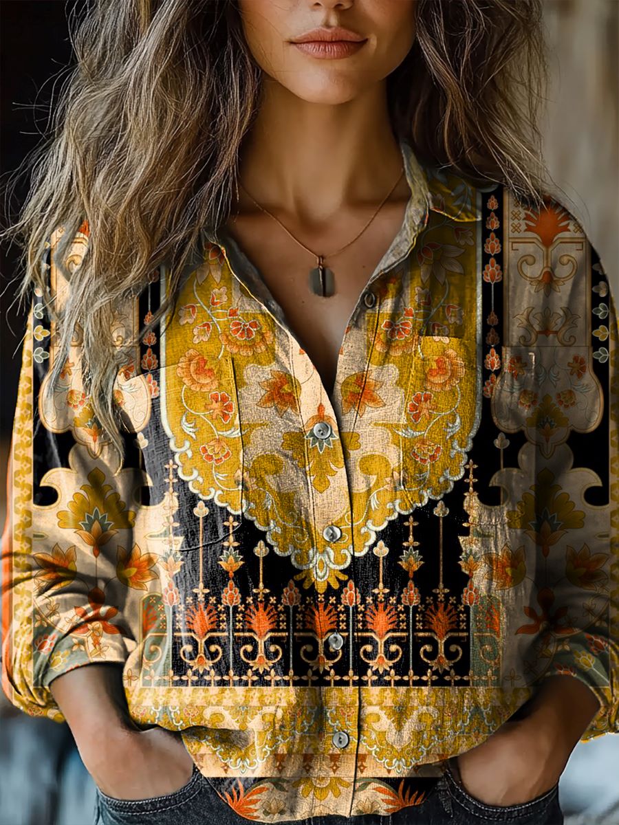 Women's Vintage Floral Patchwork Pattern Art Print Casual Long Sleeve