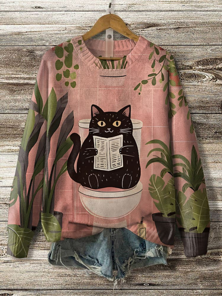 Women's The Black Cat Is Reading On The Toilet Art Print Knit Sweatshirt elevenforest