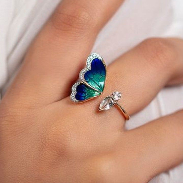 Blue Enamel Zirconia Butterfly Ring