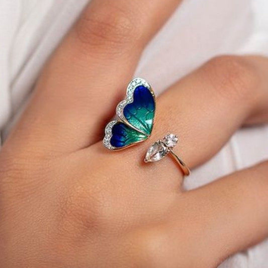 Blue Enamel Zirconia Butterfly Ring