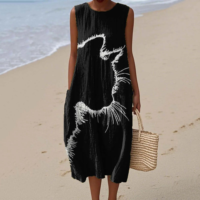 Women's Lovely Cat Art Print Linen Midi Dress elevenforest