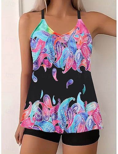 Swimwear Tankini 2 Piece Boy Leg Swimsuit Backless High Waist Vacation Beach Wear Paisley V Neck Sleeveless Bathing Suits