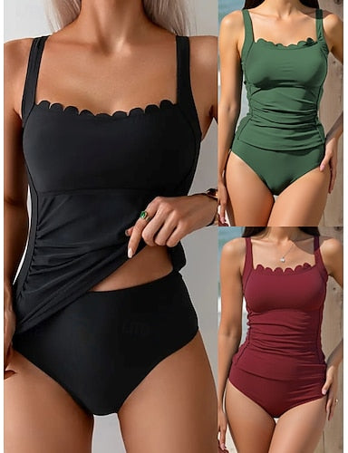 Swimwear Tankini 2 Piece High Waist Swimsuit Tummy Control High Waist Slim Backless Vacation Beach Wear Color Scoop Neck Sleeveless Bathing Suits