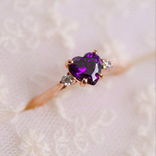 Violet Crystal Heart Gold Ring