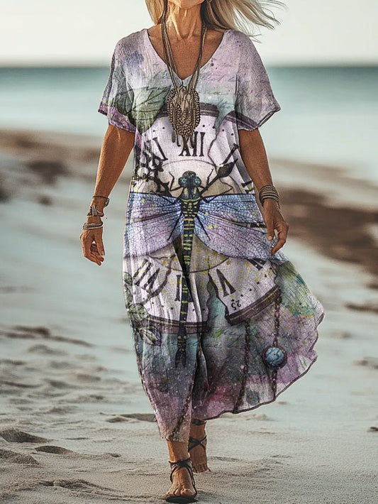 Women's Vintage Dragonfly Art Print Pocket Cotton Dress