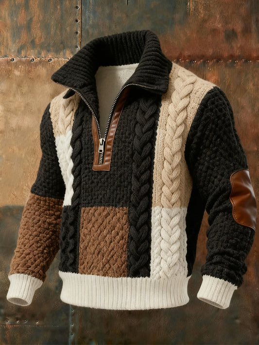 Comstylish Men's Retro Knitted Pattern Print Casual Fur Collar Pullover