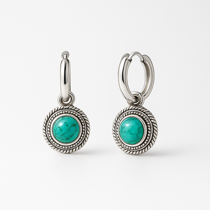 Turquoise Coin Hoop Silvered Earrings