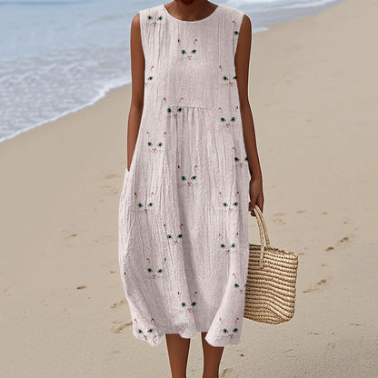Cute Cat Face Pattern Comfy Linen Tank Dress elevenforest