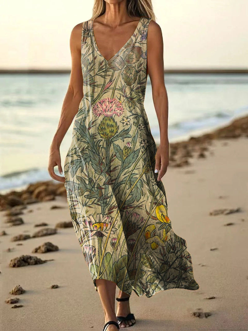 Women's Vintage Floral Art Print Pocket Cotton Dress