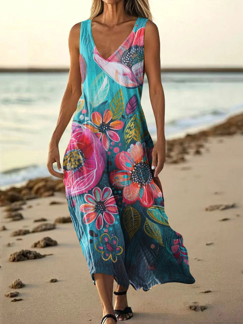 Women's Floral Art Print Pocket Cotton Dresses