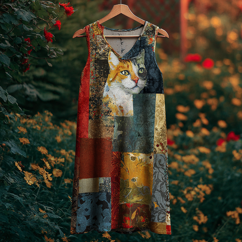 Women's Vintage Floral Cat Oil Painting Art Patchwork Sleeveless Dress elevenforest