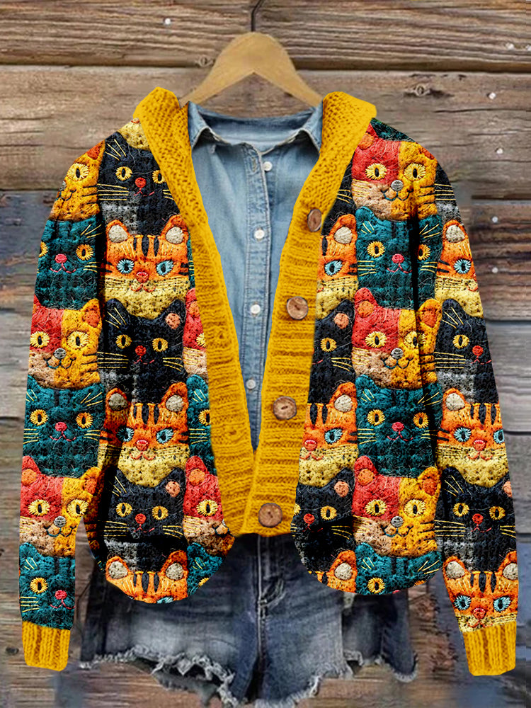 Cute Cats Felt Art Cozy Hooded Cardigan elevenforest