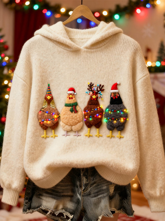 Christmas Lights Chicken Women's Knit Hooded Sweater