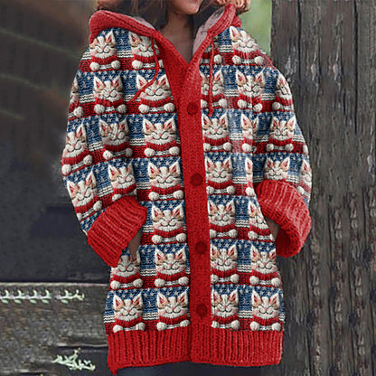 Women's Cat With Red Scarf And American Flag Elements Embroidery Art Graphics Cozy Cardigan Sweater elevenforest