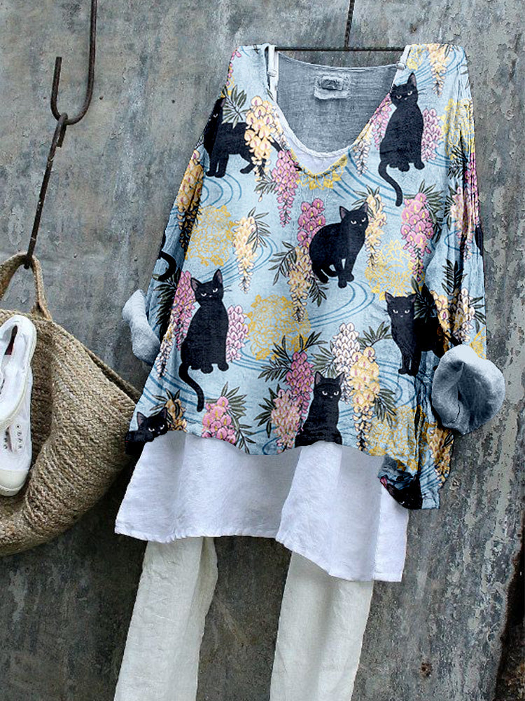 Wisteria Flowers and Black Cats Linen Blend Tunic elevenforest