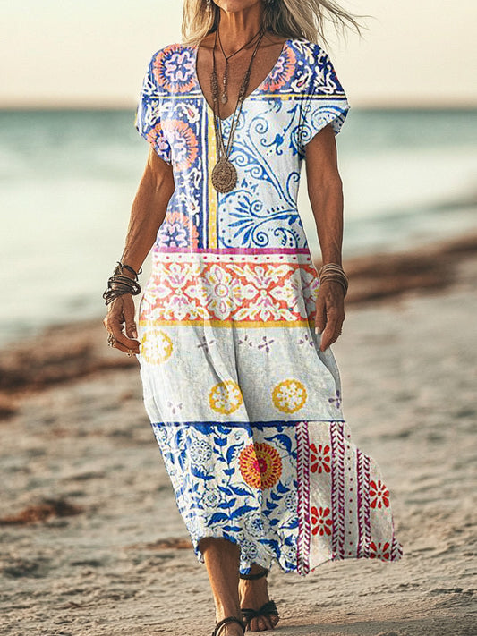 Women's Vintage Floral Patchwork Art Print Pocket Cotton Dress