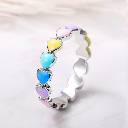 Rainbow Hearts Ring In 925 Sterling Silver And Hand Painted Enamel