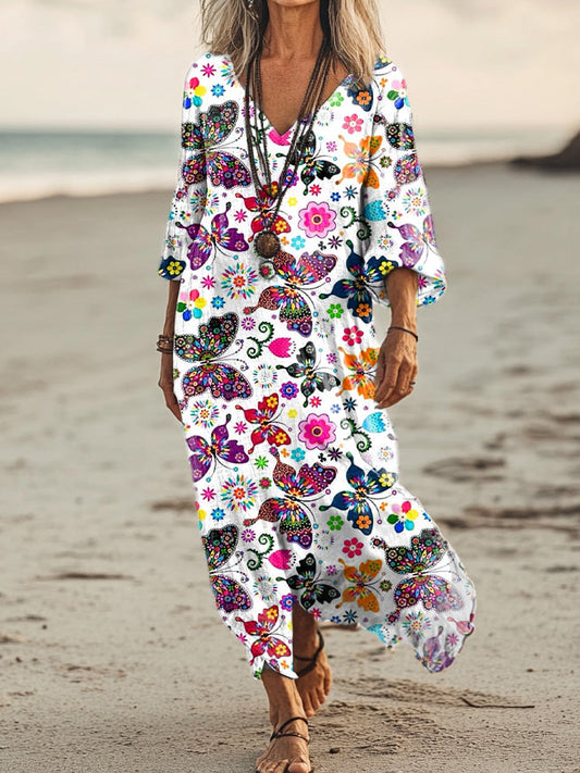 Women's Vintage Butterfly Art Print Pocket Cotton Dress