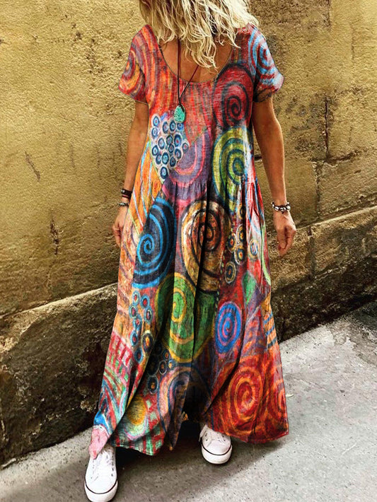 Women's Boho Vintage Colorful Collage Folk Art Print Pocket Short Slee