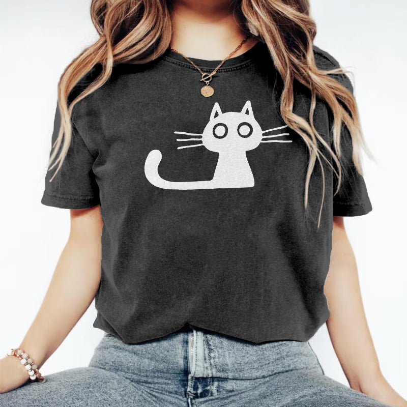 Cute Cat Print Crew Neck Vintage Cozy T Shirt elevenforest