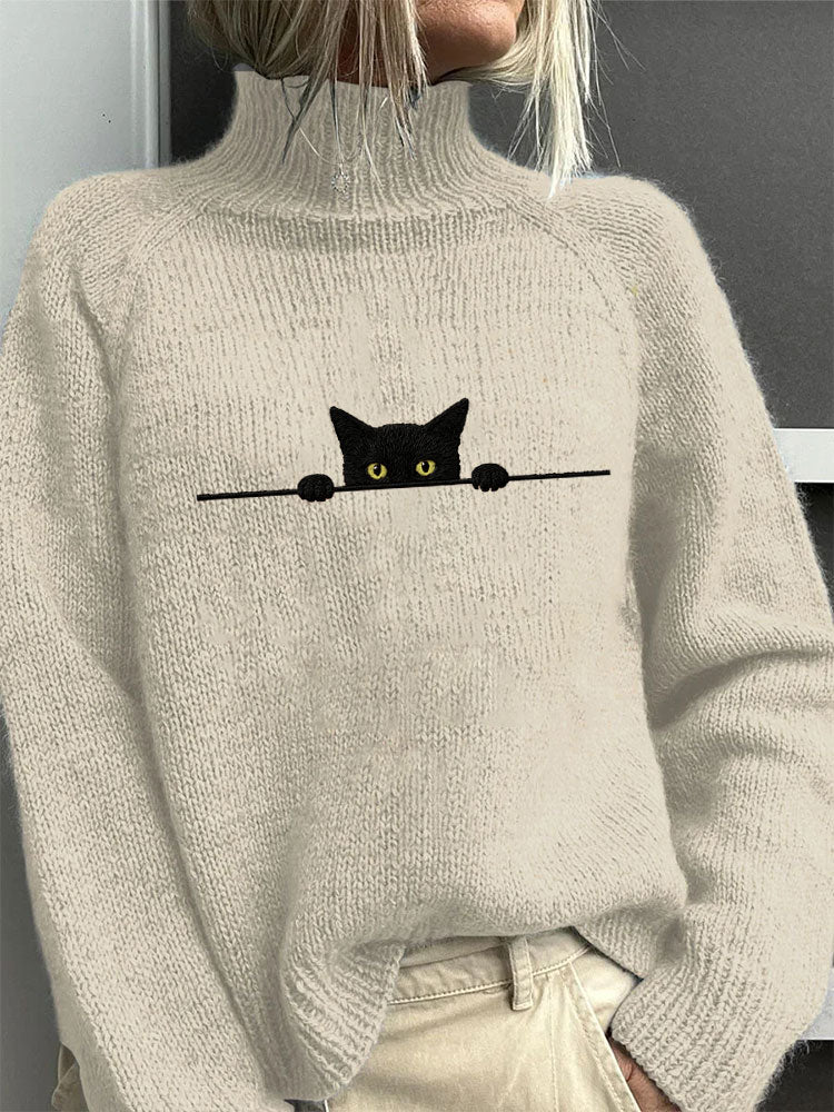 Women's Casual Funny Black Cat Print High Neck Sweater elevenforest
