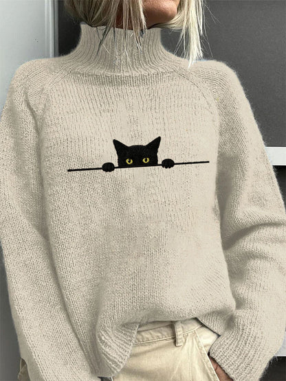 Comstylish Women's Casual Funny Black Cat Print High Neck Sweater