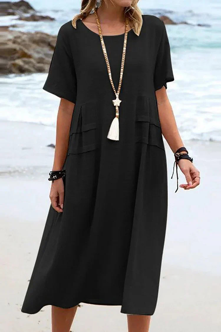 LD | Losse casual jurk met korte mouwen, ronde hals en effen kleuren