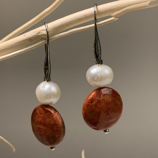Red Stone & Pearl Earrings