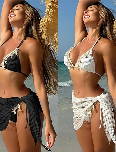 Swimwear Bikini Three Piece Skirt Swimsuit Slim Backless Vacation Beach Wear Color V Neck Sleeveless Bathing Suits