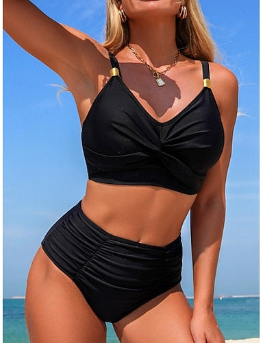 Swimwear Bikini 2 Piece Briefs Swimsuit Slim Backless Vacation Beach Wear Color V Neck Sleeveless Bathing Suits