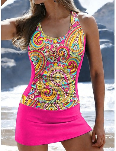 Swimwear Tankini 2 Piece Skirt Swimsuit Ruched Vacation Beach Wear Graphic Paisley U Neck Sleeveless Bathing Suits