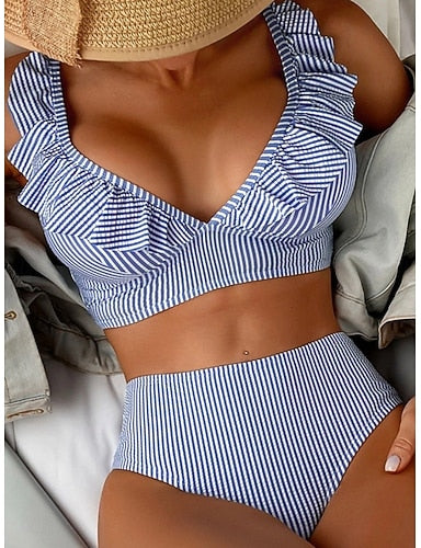 Swimwear Bikini 2 Piece Briefs Swimsuit Ruffle Slim Backless Vacation Beach Wear Striped V Neck Sleeveless Bathing Suits