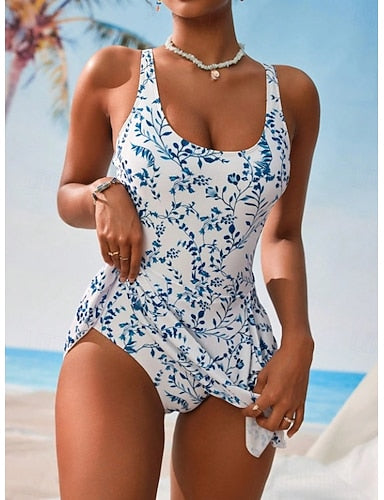 One Piece Swimsuit Monokini Skirt Tummy Control High Waist Slim Backless Vacation Graphic U Neck Sleeveless Bathing Suits