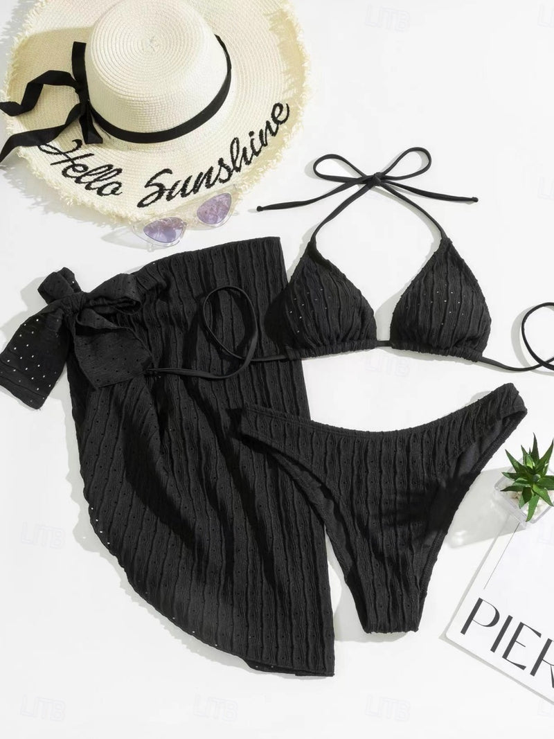Swimwear Bikini Three Piece Skirt Swimsuit Slim Backless Vacation Beach Wear Color Halter Neck Sleeveless Bathing Suits